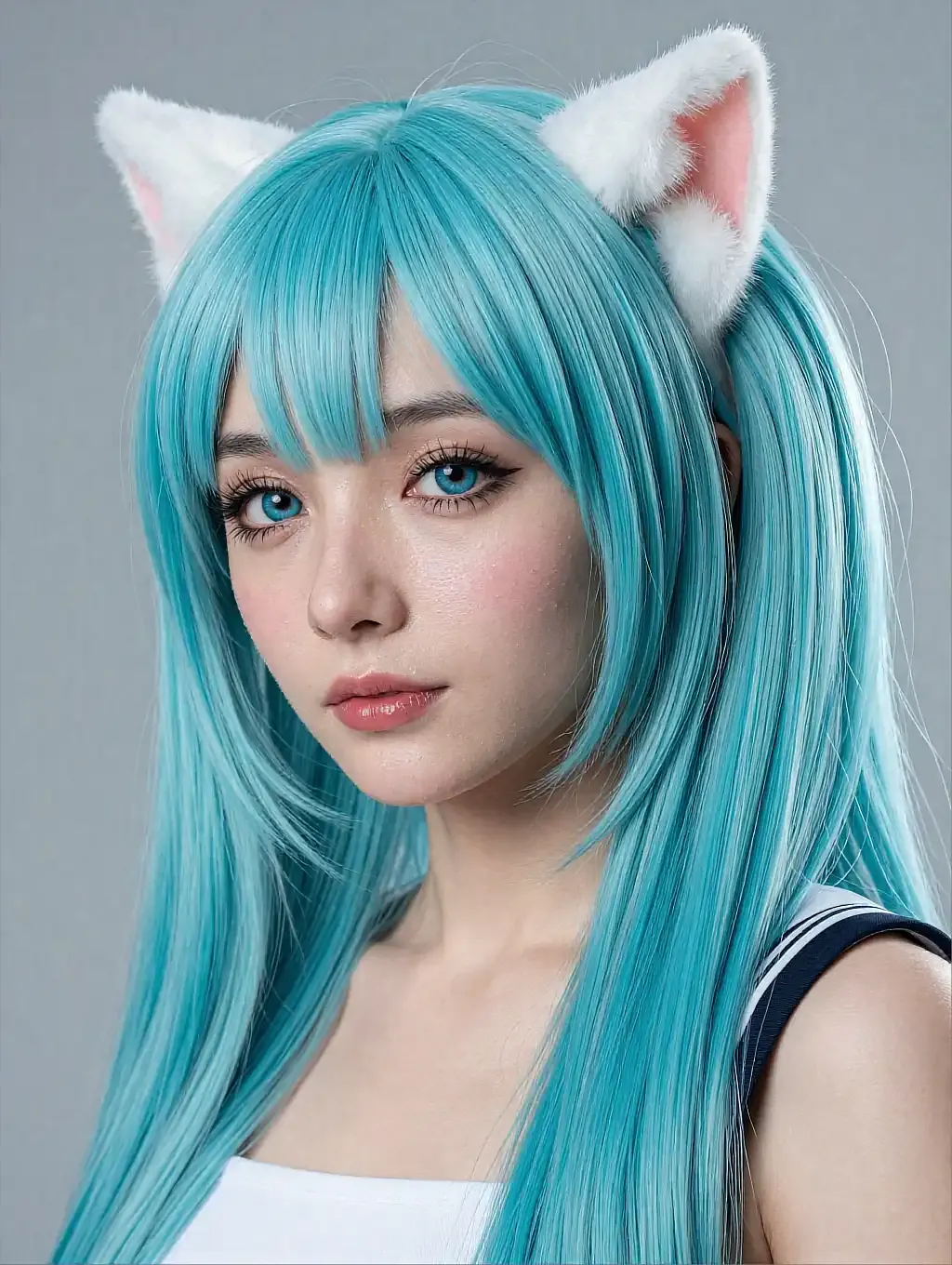 Fictional AI character in a turquoise wig and white cat-ear cosplay against a grey studio backdrop