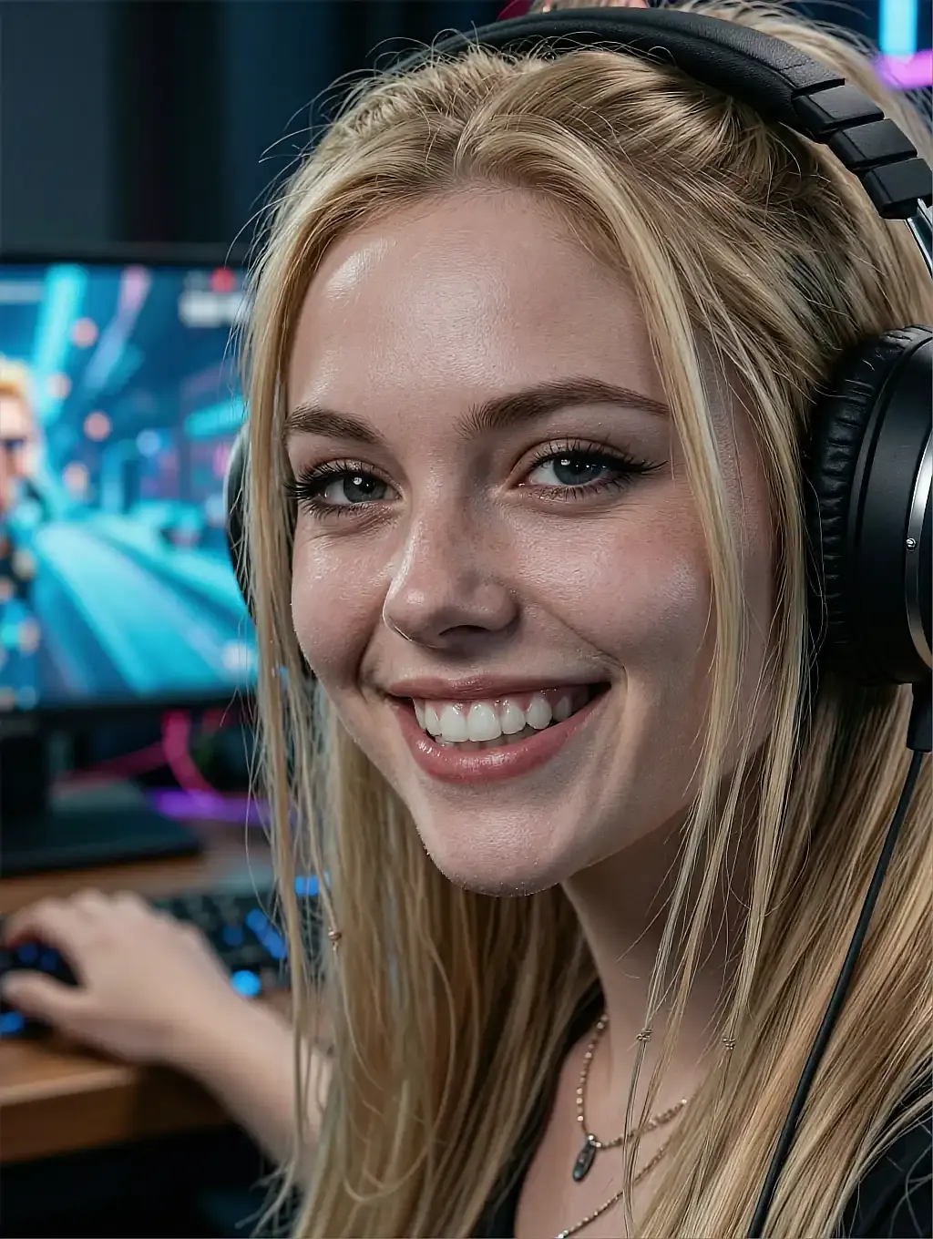 Fictional AI character smiling in a black gaming headset at her desk